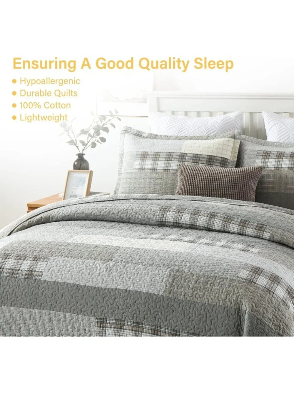Reversible Queen Quilt Set - 100% Cotton Lightweight Bedspread, Farmhouse Plaid